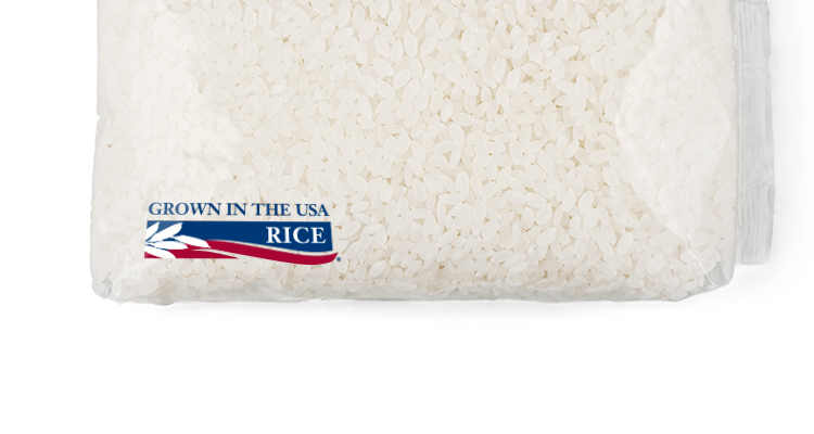 Overhead view of a bag of rice with the Grown in the USA logo